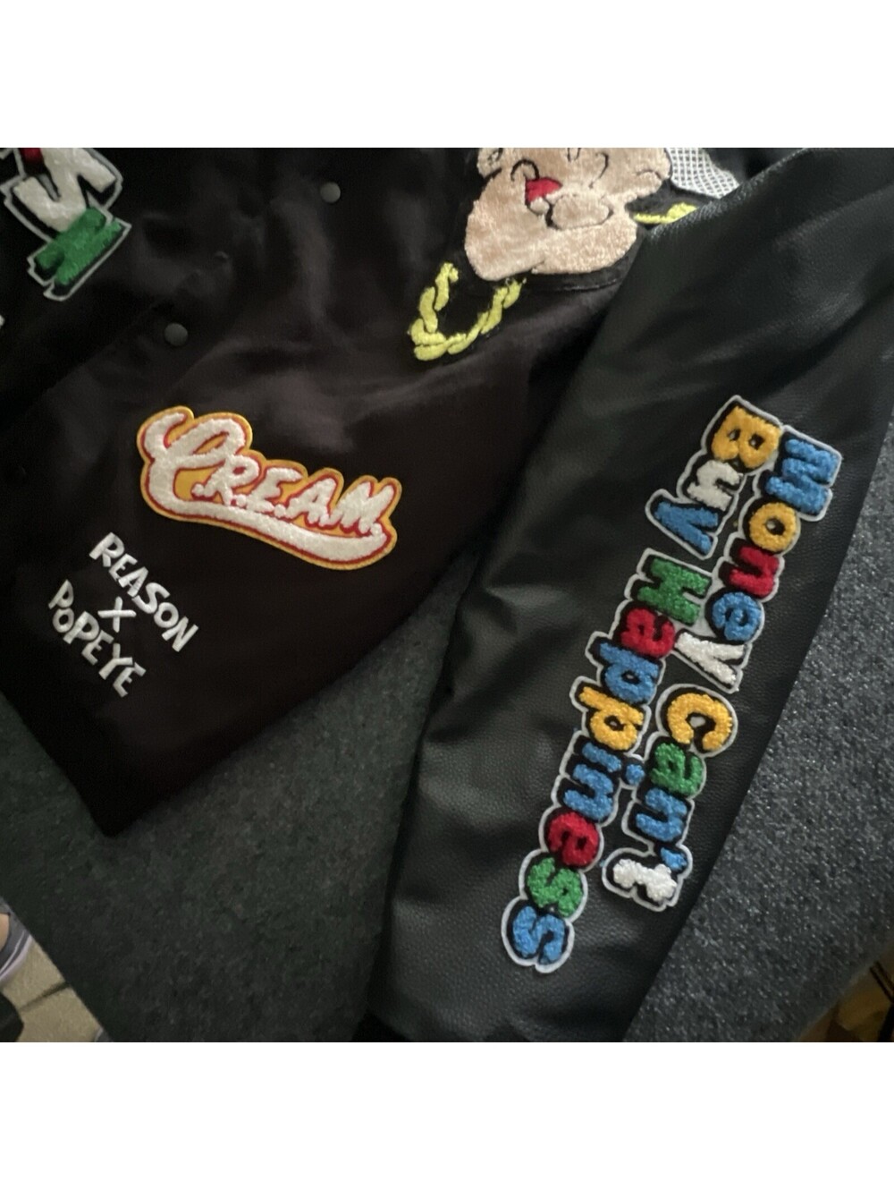 Reason Clothing X Popeye Mens XXL Varsity Bomber Jacket Chasing Cash Patches EUC - Picture 7 of 11